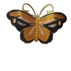Vintage Butterfly Brooch Cloisonne Enamel Gold Tone Orange Black Insect Pin